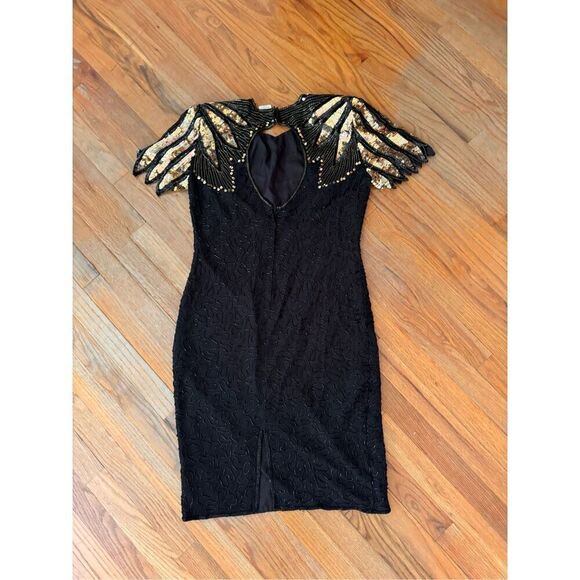 Vintage 80s Laurence Kazar Black Gold Cocktail Silk Sequin Beaded Midi Dress - Picture 6 of 10